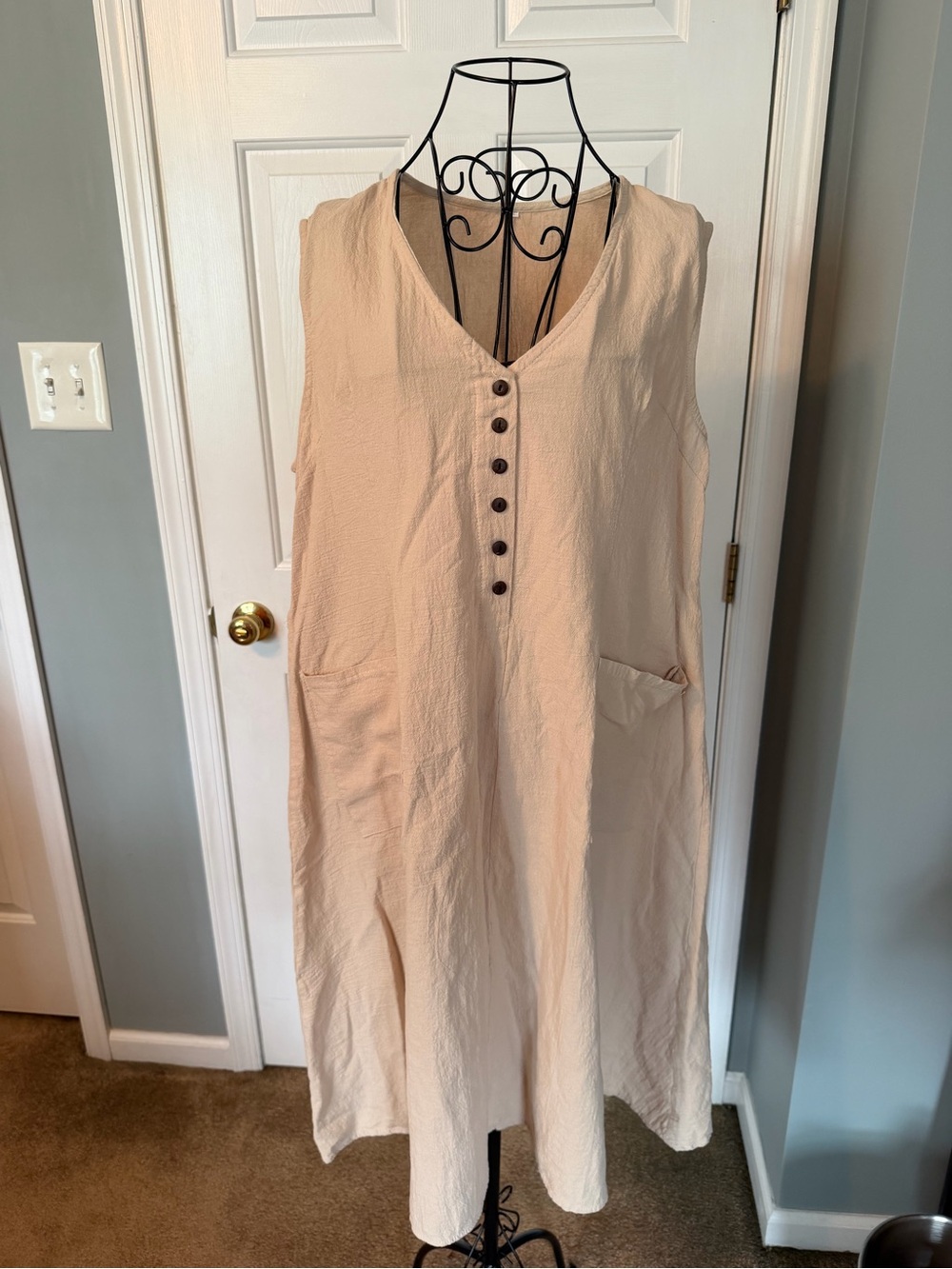 Linen Cotton Blend Sleeveless V-Neck Midi Dress with Pockets Beige One Size / L